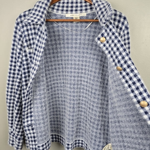 MAX STUDIO Fuzzy Cardigan Sweater Blue White Gingham Womens Size M Old Money - Picture 2 of 11